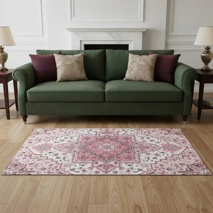 Pink Ivory And Gray Oriental Washable Area Rug With UV Protection Photo 2