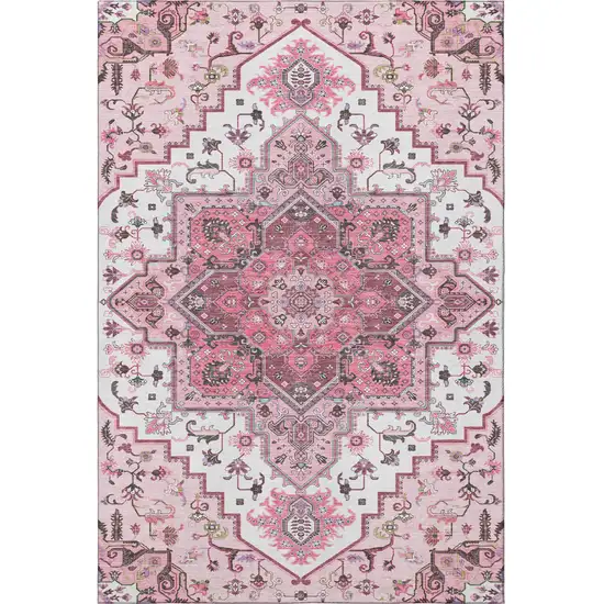 Pink Ivory And Gray Oriental Washable Area Rug With UV Protection Photo 3