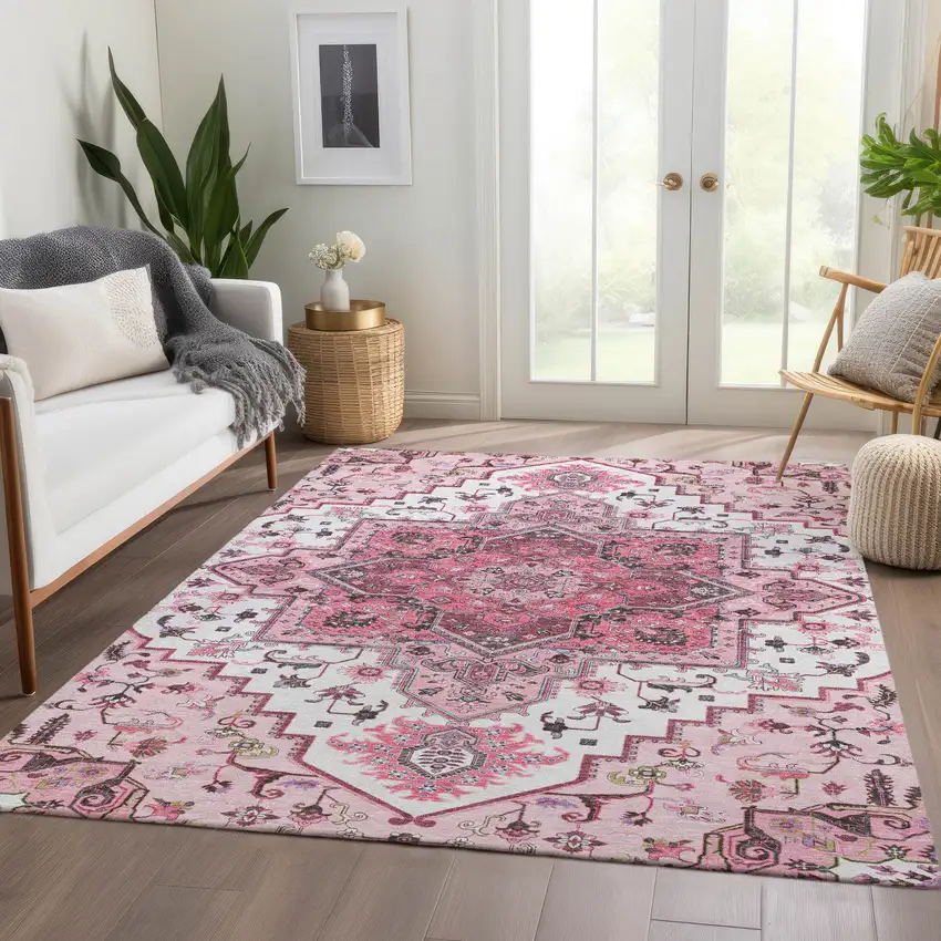 Pink Ivory And Gray Oriental Washable Area Rug With UV Protection Photo 5