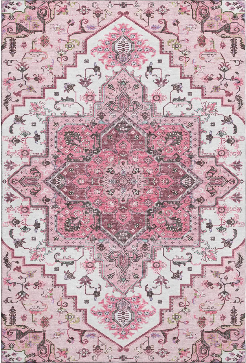 Pink Ivory And Gray Oriental Washable Area Rug With UV Protection Photo 1