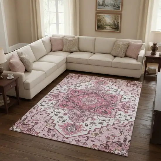 Pink Ivory And Gray Oriental Washable Area Rug With UV Protection Photo 2