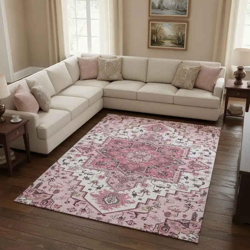 Pink Ivory And Gray Oriental Washable Area Rug With UV Protection Photo 2