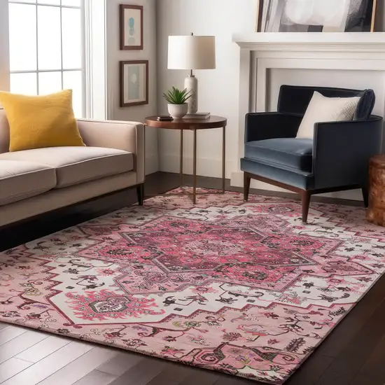 Pink Ivory And Gray Oriental Washable Area Rug With UV Protection Photo 4