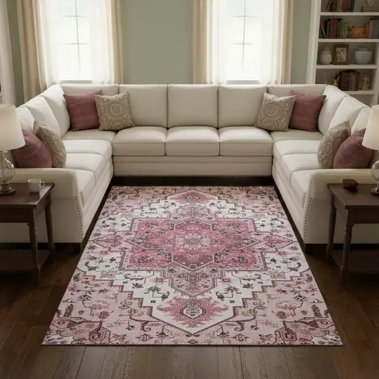 Pink Ivory And Gray Oriental Washable Area Rug With UV Protection Photo 2