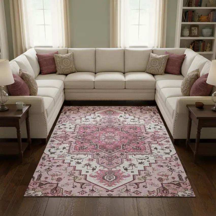 Pink Ivory And Gray Oriental Washable Area Rug With UV Protection Photo 2