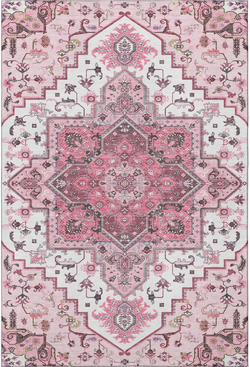 Pink Ivory And Gray Oriental Washable Area Rug With UV Protection Photo 3