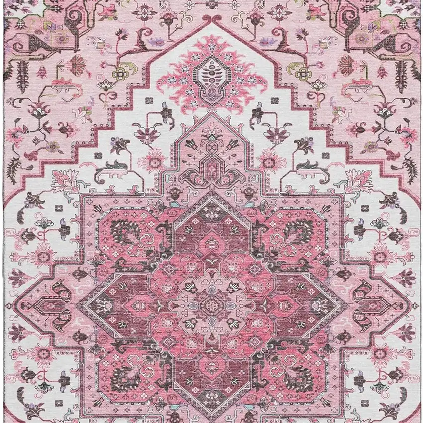 Pink Ivory And Gray Oriental Washable Area Rug With UV Protection Photo 3