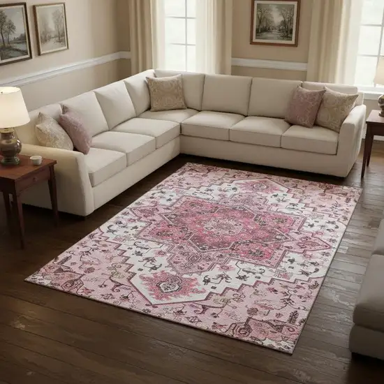 Pink Ivory And Gray Oriental Washable Area Rug With UV Protection Photo 2