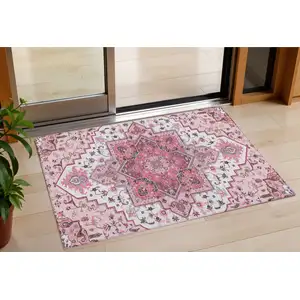 Photo of Pink Ivory And Gray Oriental Washable Indoor Outdoor Area Rug
