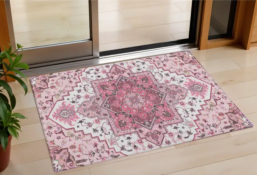 Pink Ivory And Gray Oriental Washable Indoor Outdoor Area Rug Photo 1
