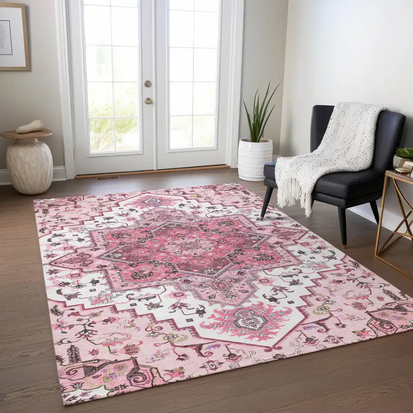 Pink Ivory And Gray Oriental Washable Indoor Outdoor Area Rug Photo 9