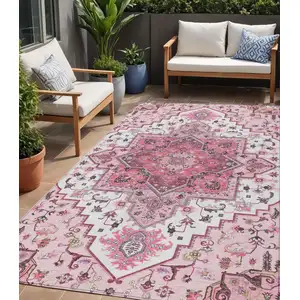 Photo of Pink Ivory And Gray Oriental Washable Indoor Outdoor Area Rug