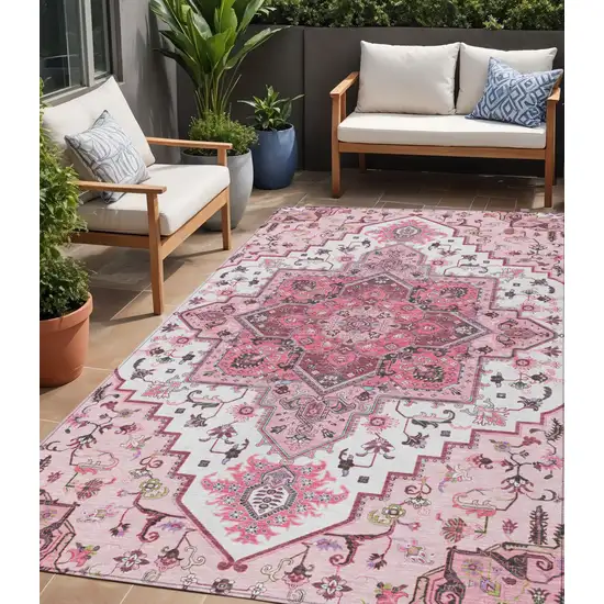 Pink Ivory And Gray Oriental Washable Indoor Outdoor Area Rug Photo 1
