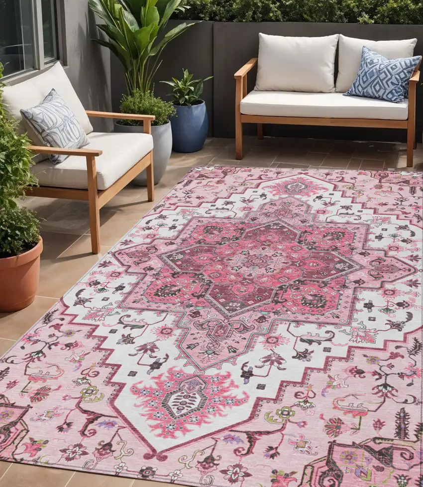 Pink Ivory And Gray Oriental Washable Indoor Outdoor Area Rug Photo 1
