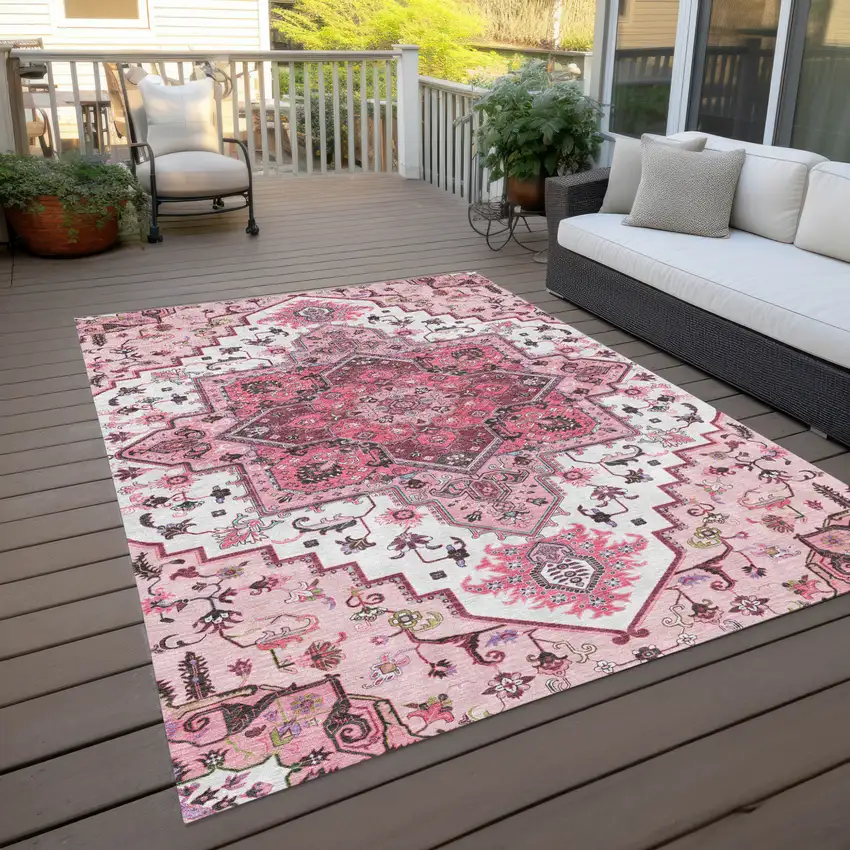 Pink Ivory And Gray Oriental Washable Indoor Outdoor Area Rug Photo 9