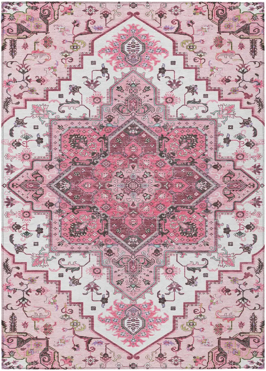 Pink Ivory And Gray Oriental Washable Indoor Outdoor Area Rug Photo 2