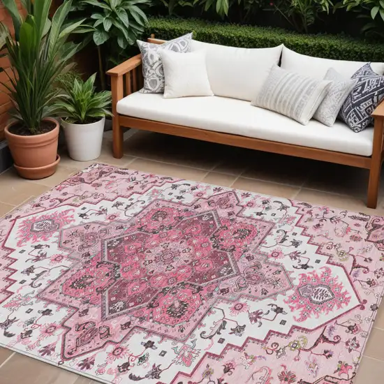 Pink Ivory And Gray Oriental Washable Indoor Outdoor Area Rug Photo 1