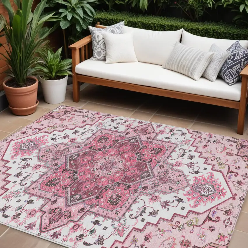 Pink Ivory And Gray Oriental Washable Indoor Outdoor Area Rug Photo 1