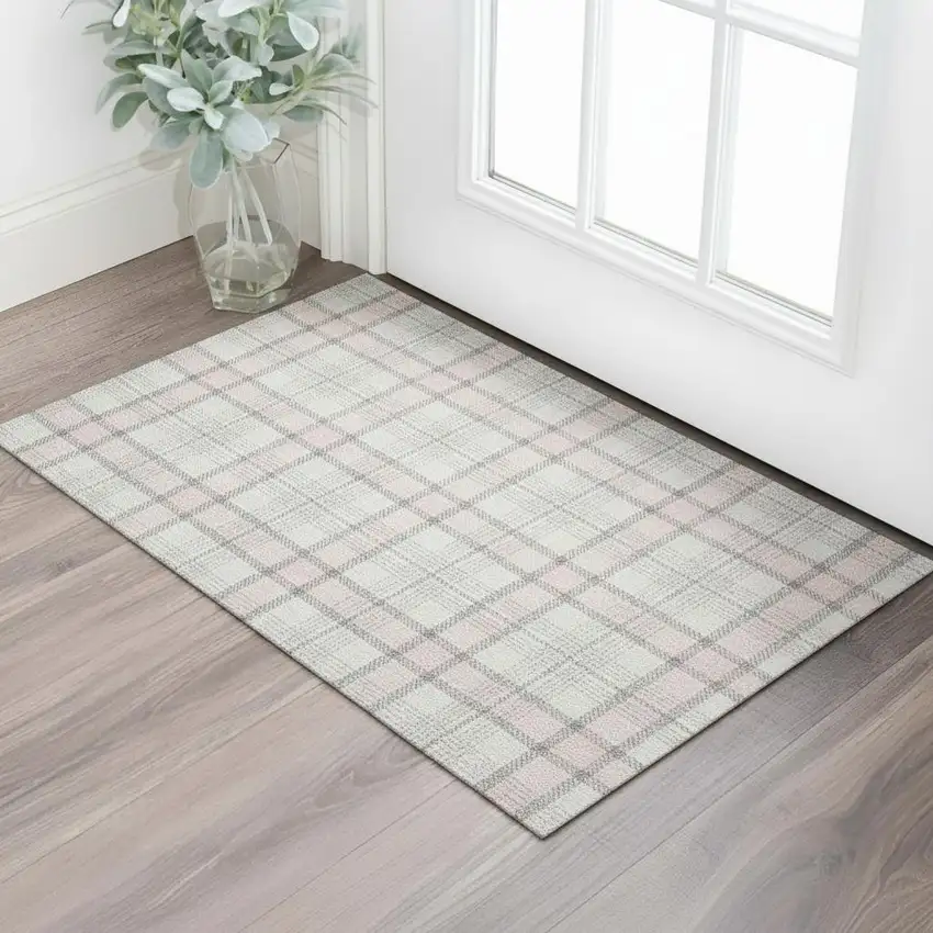 Pink Ivory And Gray Plaid Washable Area Rug With UV Protection Photo 2