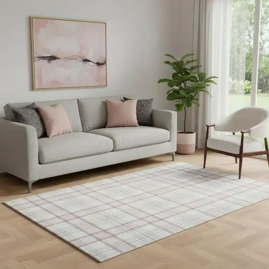 Pink Ivory And Gray Plaid Washable Area Rug With UV Protection Photo 2