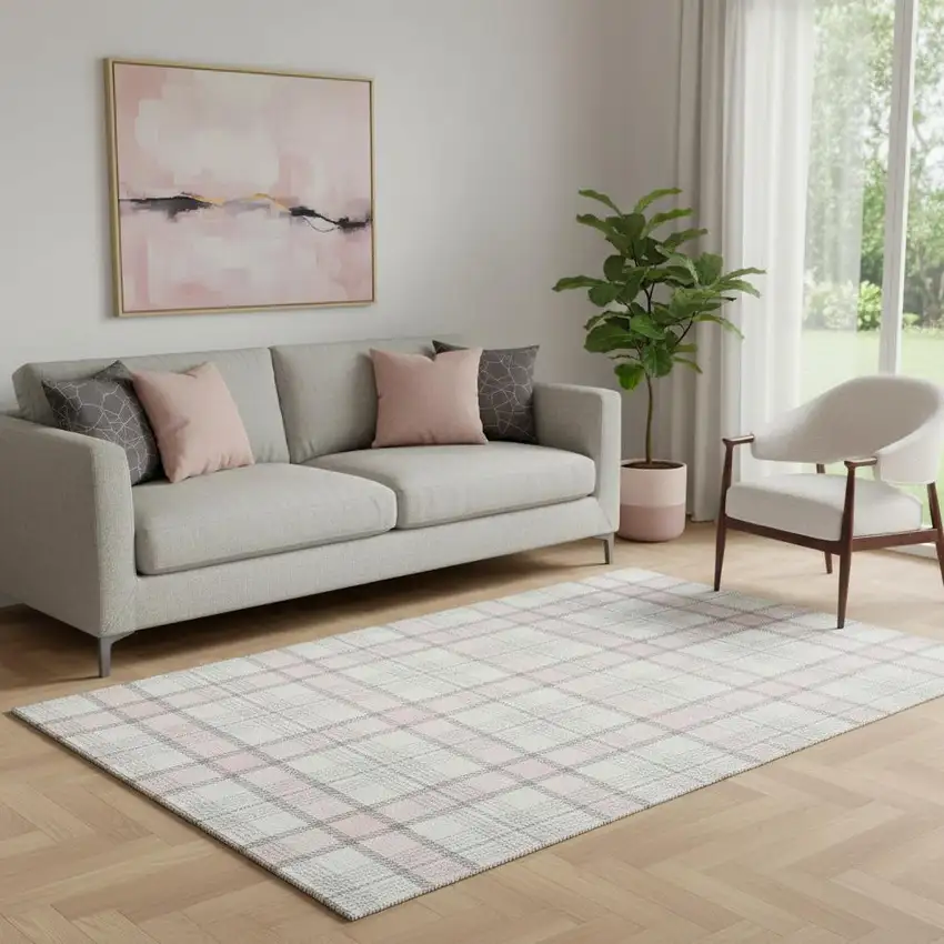 Pink Ivory And Gray Plaid Washable Area Rug With UV Protection Photo 2