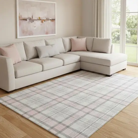 Pink Ivory And Gray Plaid Washable Area Rug With UV Protection Photo 2