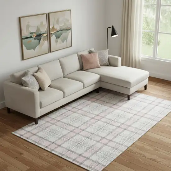 Pink Ivory And Gray Plaid Washable Area Rug With UV Protection Photo 2