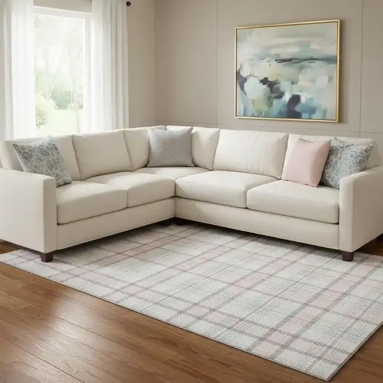 Pink Ivory And Gray Plaid Washable Area Rug With UV Protection Photo 2