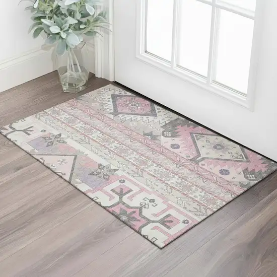 Pink Ivory And Gray Southwestern Washable Area Rug With UV Protection Photo 2