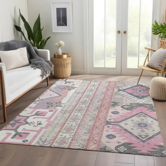 Pink Ivory And Gray Southwestern Washable Area Rug With UV Protection Photo 5