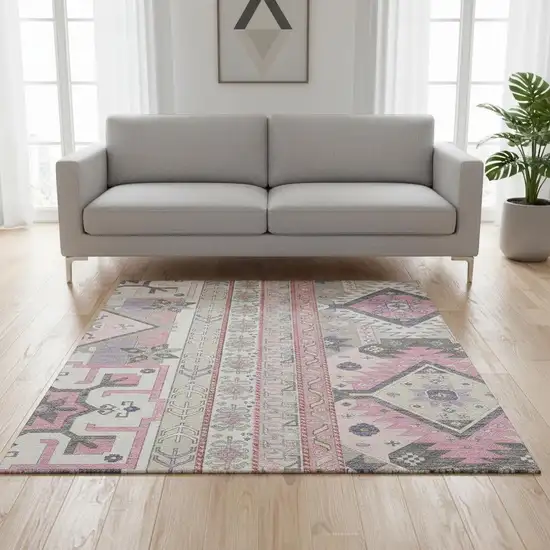 Pink Ivory And Gray Southwestern Washable Area Rug With UV Protection Photo 2