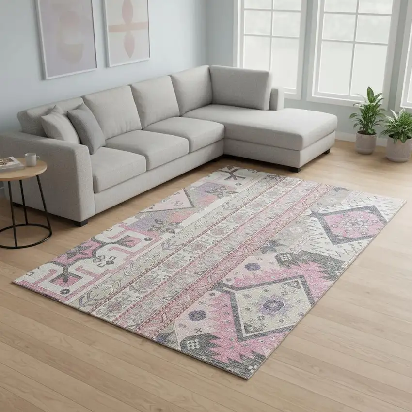Pink Ivory And Gray Southwestern Washable Area Rug With UV Protection Photo 2