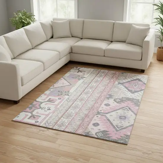 Pink Ivory And Gray Southwestern Washable Area Rug With UV Protection Photo 2