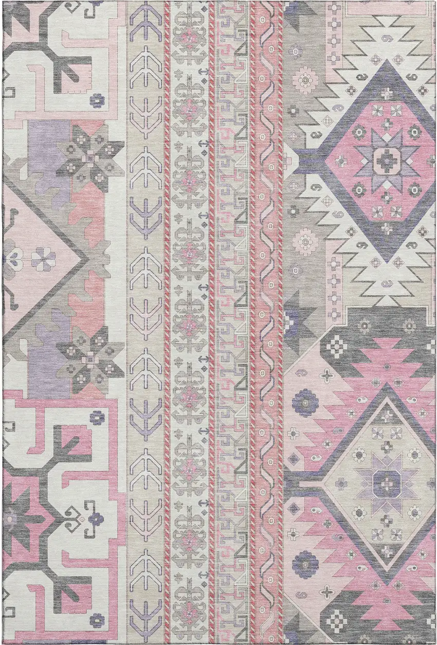 Pink Ivory And Gray Southwestern Washable Area Rug With UV Protection Photo 1