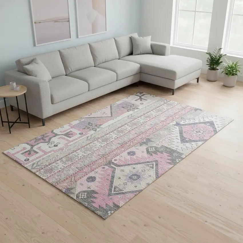 Pink Ivory And Gray Southwestern Washable Area Rug With UV Protection Photo 2