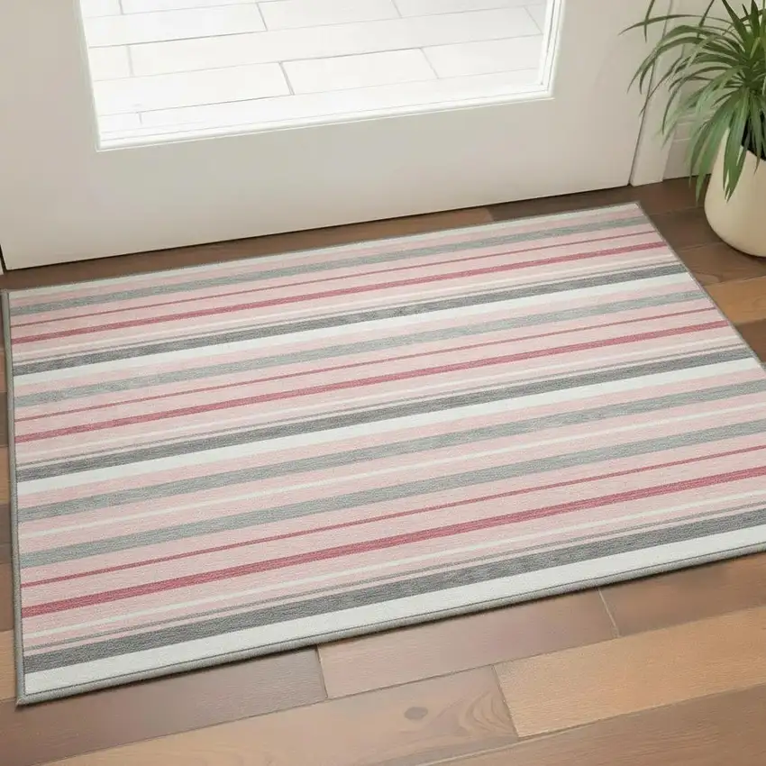 Pink Ivory And Gray Striped Washable Area Rug With UV Protection Photo 2