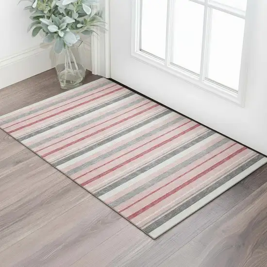 Pink Ivory And Gray Striped Washable Area Rug With UV Protection Photo 1