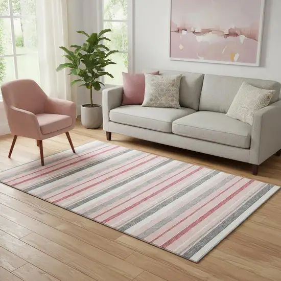 Pink Ivory And Gray Striped Washable Area Rug With UV Protection Photo 1