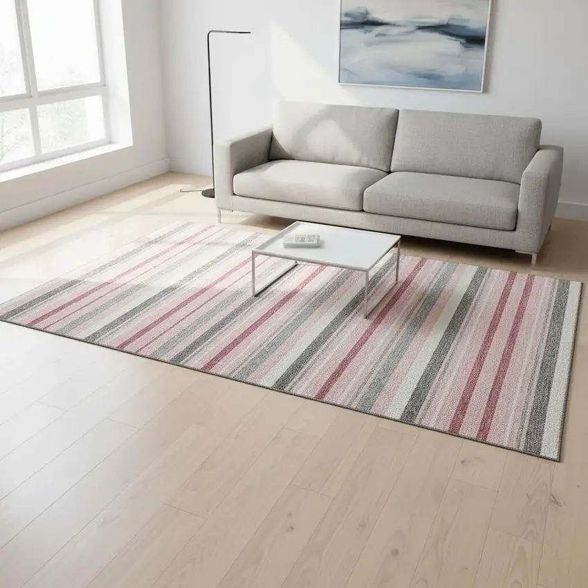 Pink Ivory And Gray Striped Washable Area Rug With UV Protection Photo 2