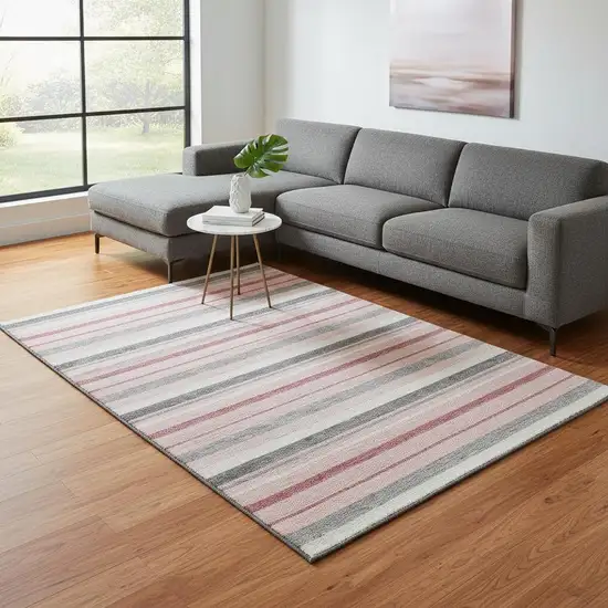 Pink Ivory And Gray Striped Washable Area Rug With UV Protection Photo 2