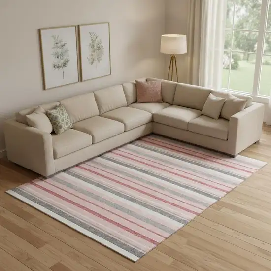 Pink Ivory And Gray Striped Washable Area Rug With UV Protection Photo 1