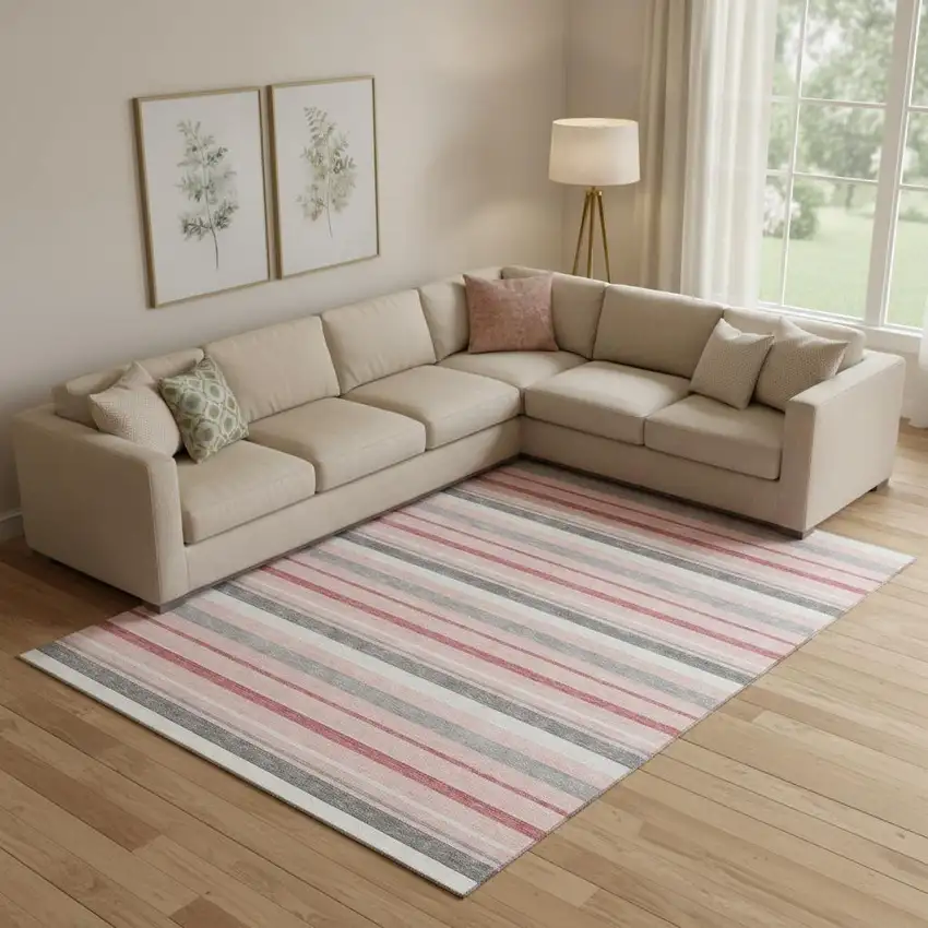 Pink Ivory And Gray Striped Washable Area Rug With UV Protection Photo 1