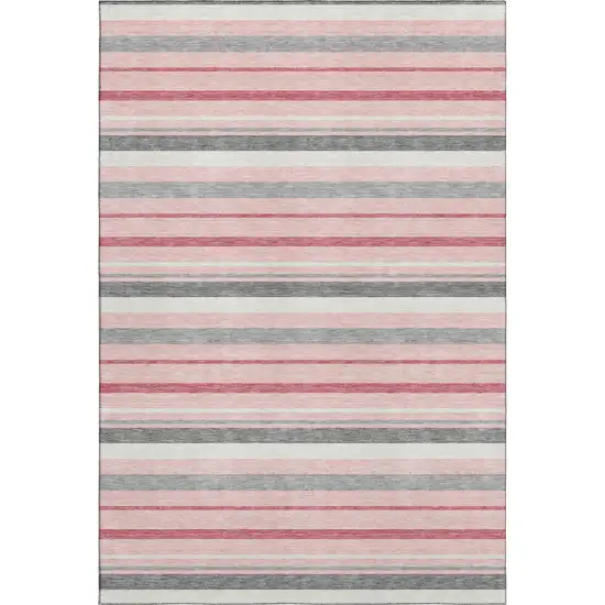 Pink Ivory And Gray Striped Washable Area Rug With UV Protection Photo 1