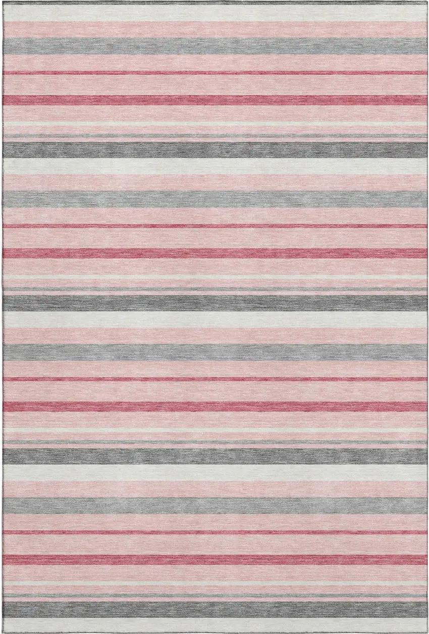 Pink Ivory And Gray Striped Washable Area Rug With UV Protection Photo 1