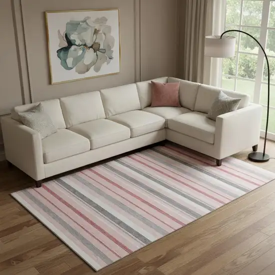 Pink Ivory And Gray Striped Washable Area Rug With UV Protection Photo 1