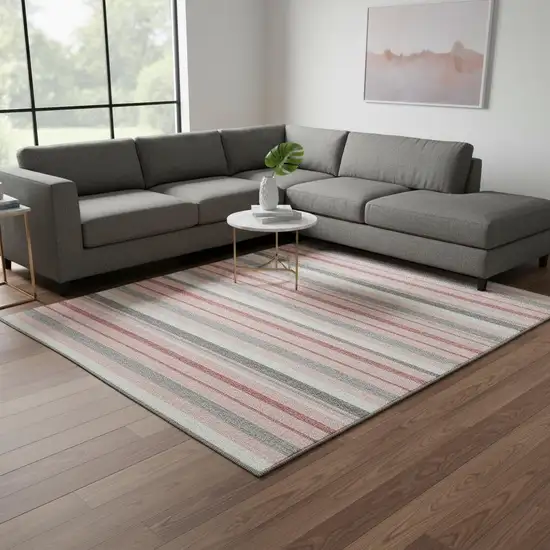Pink Ivory And Gray Striped Washable Area Rug With UV Protection Photo 2