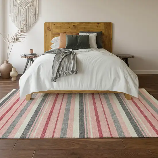 Pink Ivory And Gray Striped Washable Area Rug With UV Protection Photo 6