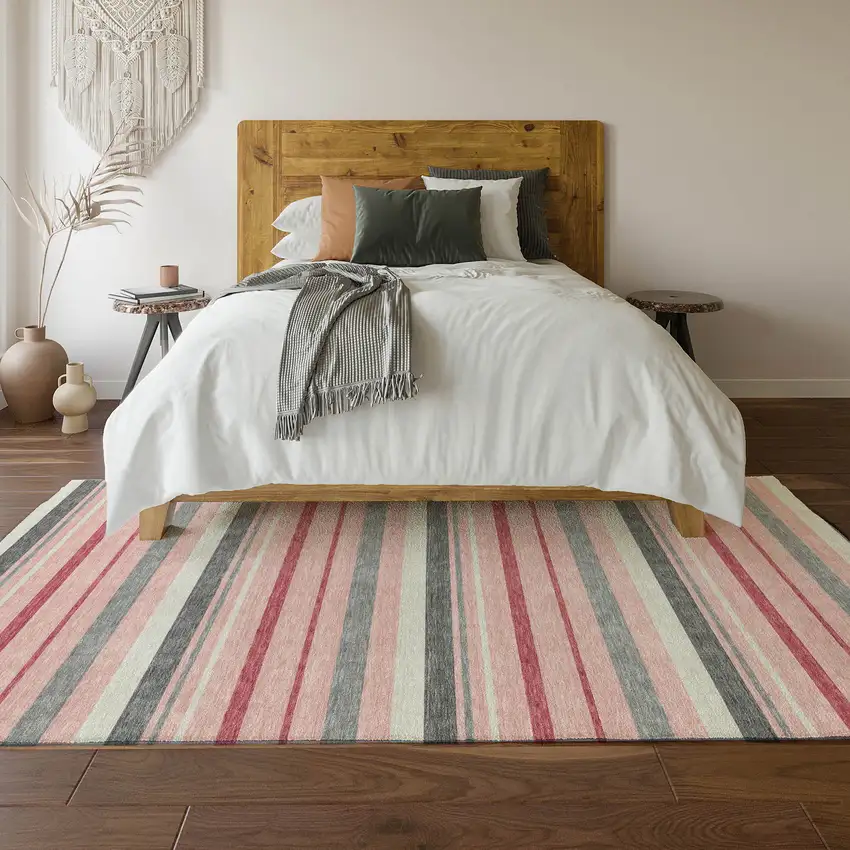 Pink Ivory And Gray Striped Washable Area Rug With UV Protection Photo 6