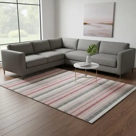 Pink Ivory And Gray Striped Washable Area Rug With UV Protection Photo 2