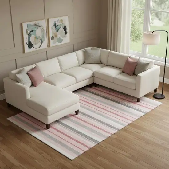 Pink Ivory And Gray Striped Washable Area Rug With UV Protection Photo 1